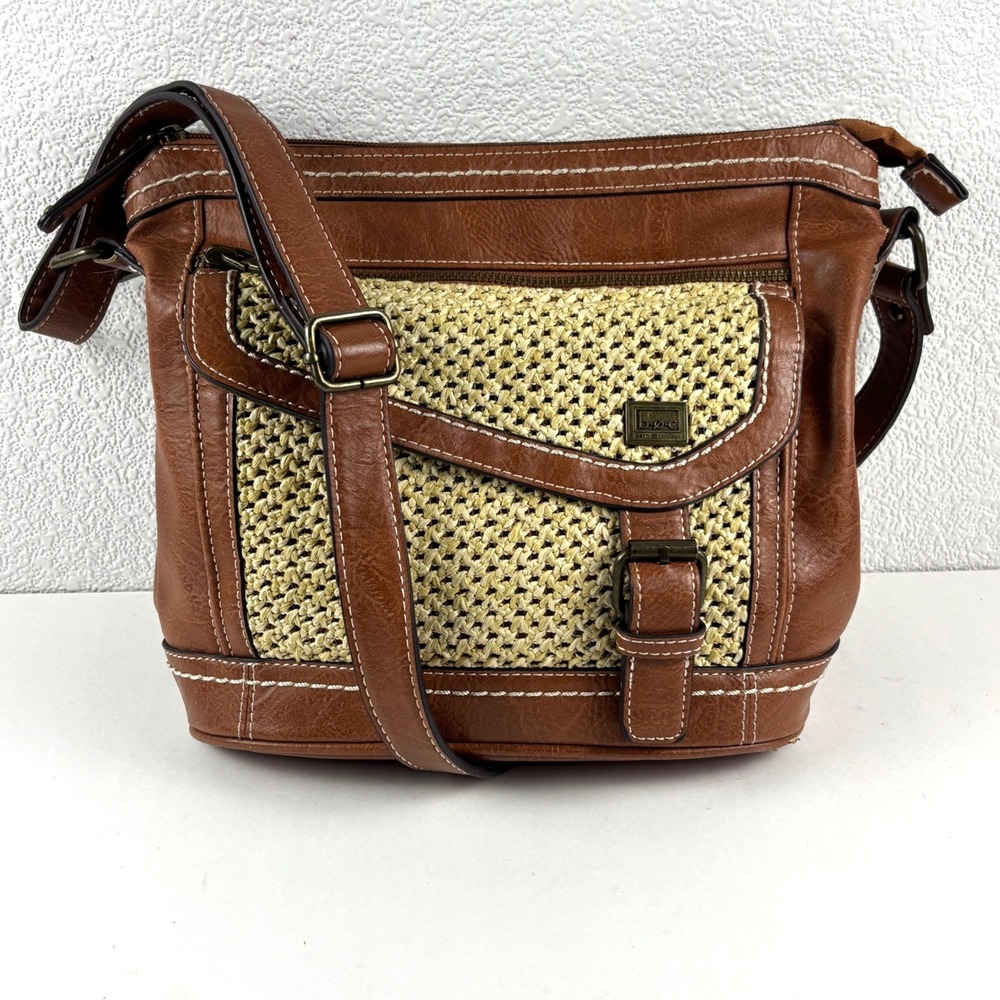 b.o.c. Crossbody Bag Womens Brown Woven Straw Mixed Media Messenger